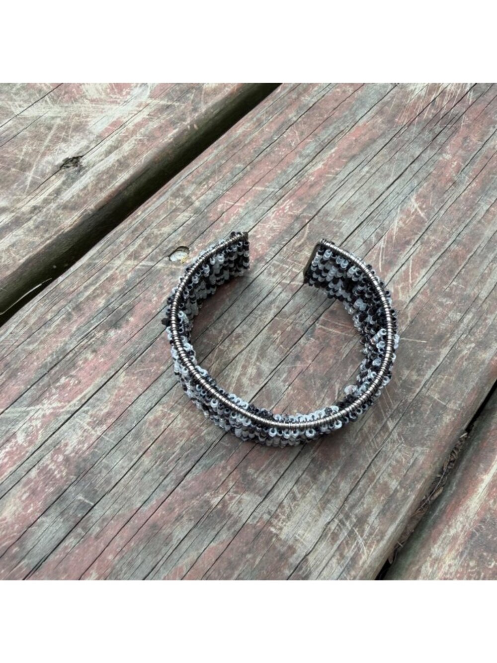Handcrafted Black & Silver Beaded Cuff Bracelet With Sequins - Picture 2 of 4